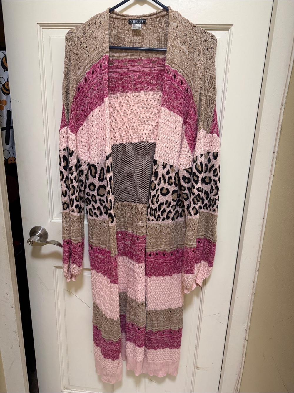 VENUS Pink, Taupe & Mauve Striped Open-Front Cardigan with Leopard Print